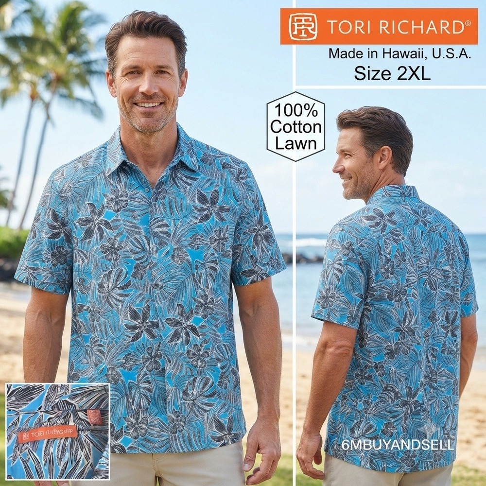 Tori Richard Mens 2XL Blue Tropical Floral Cotton Lawn Aloha Shirt Hawaii Made